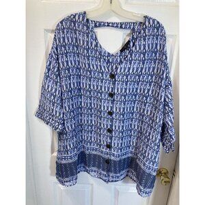 Aztec Print Plus Size Blue Blouse Top Oversize Blousy Keyhole 2X Fred David
